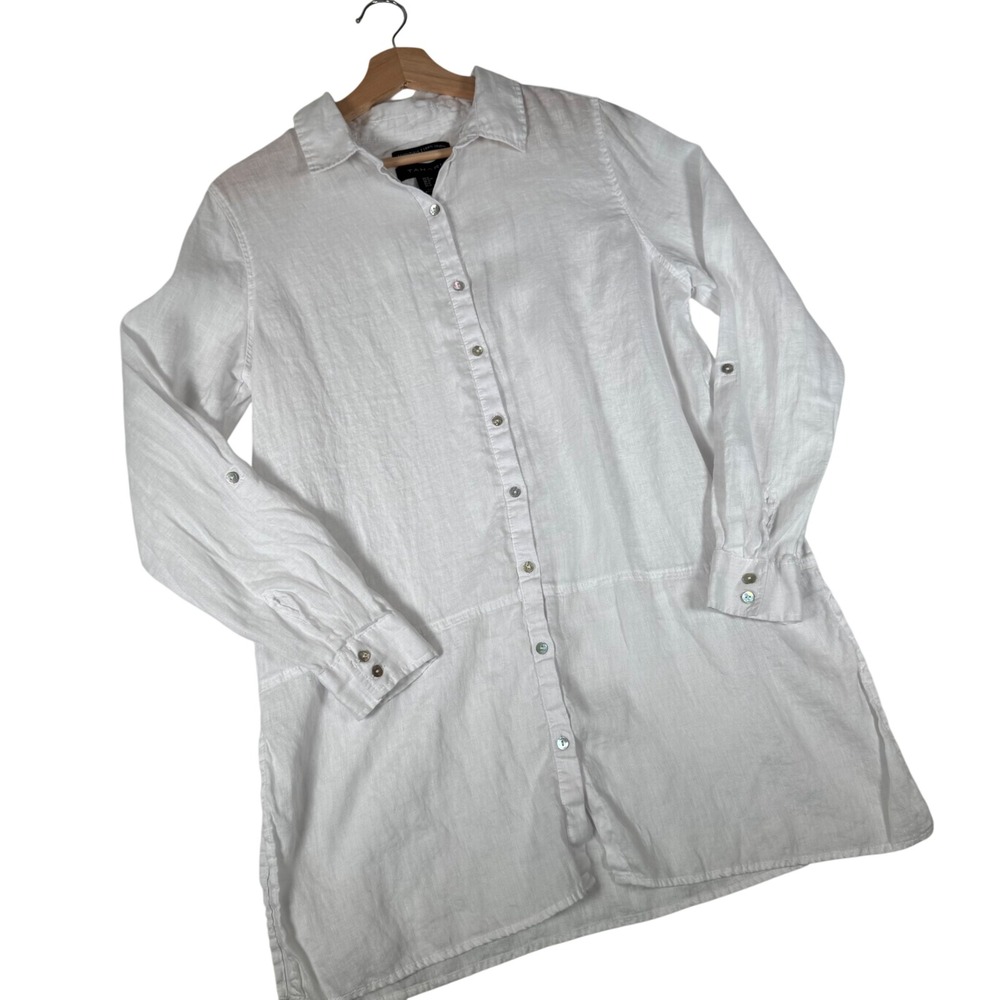 Tahari Essentials White 100% Linen Button Down Roll Tab Tunic Shirt M‎ Beach
